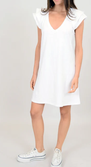 Fresia Dress with Flutter Sleeves- White